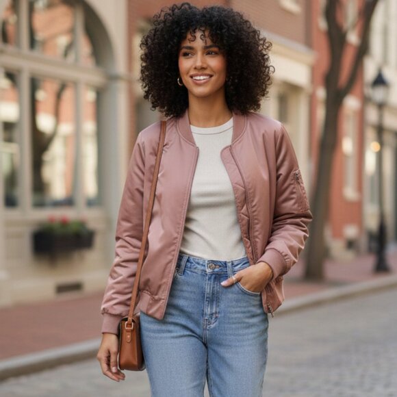 Chic Rose Pink Satin Bomber Jacket - Picture 2 of 3